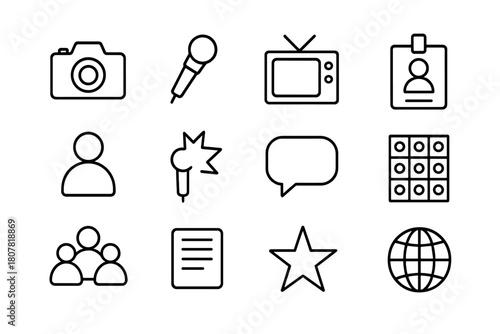 Media Icon Set. Media Coverage. Line icon set of Media Coverage: camera, microphone, television, press badge, person, flash, chat bubble, logo wall, crowd,