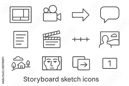 Storyboard Icon Set. Storyboard sketch. Line icon set of storyboard sketch: frame panel, camera angle, movement arrow, dialogue bubble, shot list,