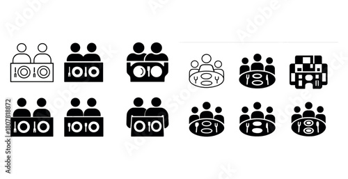 Dining icon set: minimalist symbols of people eating at tables