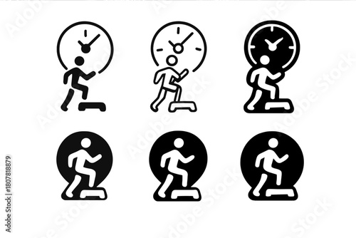 Step Aerobics Icons. Step aerobics. Icon set. Set Logo of Step aerobics: Fitness timer. harmonious logo variations of the same emblematic concept (Negative
