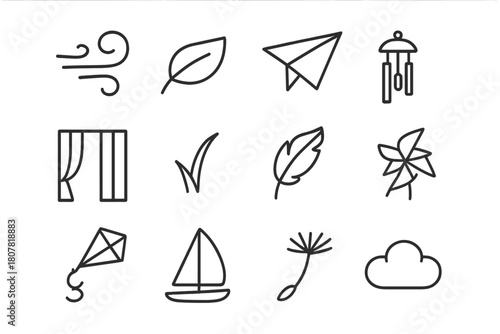 Gentle Breezes Icons. Gentle breezes. Line icon set of gentle breezes: wind swirl, leaf, paper plane, wind chime, curtain, grass blade, feather, pinwheel,