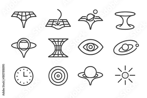 Space-Time Curvature Icons. Space-time curvature. Line icon set of space-time curvature: gravity grid, curved arrow, planet bending light, black hole, wormhole