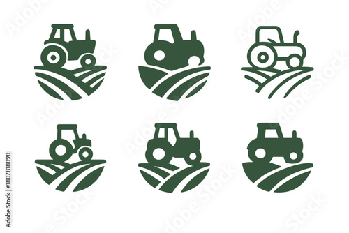 Sustainable Farming Icons. Sustainable farming. Icon set. Set Logo of Sustainable farming: Tractor in field. harmonious logo variations of the same emblematic