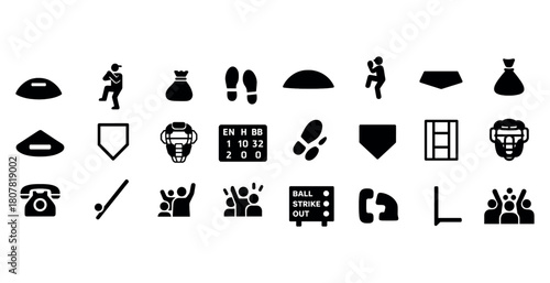 Baseball icons: player, field, equipment, scoreboard, and celebrations