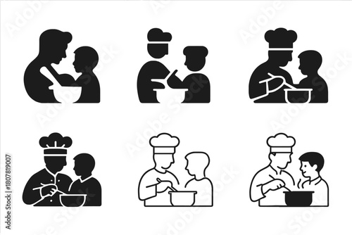 Father-Son Activity Logos. Father and son activity. Icon set. Set Logo of father and son activity: cooking together. harmonious logo variations of the same