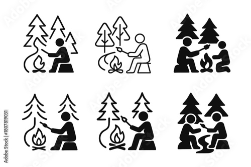 Campfire Icon Variations. A person sitting by a campfire in the woods, roasting marshmallows and telling stories. Icon set. Set Logo of A person sitting by a