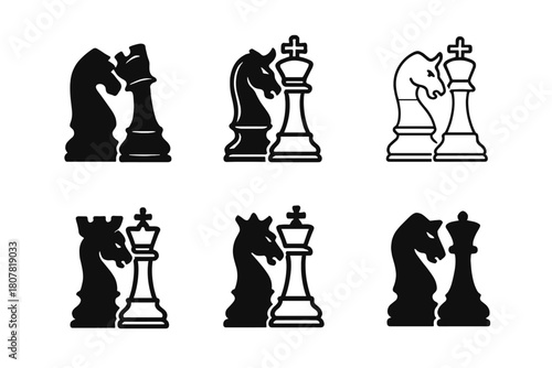 Chess Power Struggle. Hostile takeover. Icon set. Set Logo of hostile takeover: chess pieces in power struggle. harmonious logo variations of the