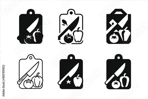 Home Cooking Logos. Home cooking. Icon set. Set Logo of home cooking: cutting board with knife and vegetables. harmonious logo variations of the same