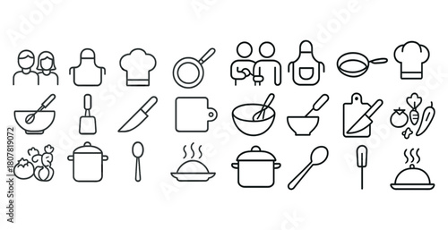 Collection of kitchen utensil and cook icons in outline style