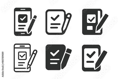 Planner Icon Variations. Using an app or paper planner to organize thoughts and appointments. Icon set. Set Logo of using an app or paper planner to organize