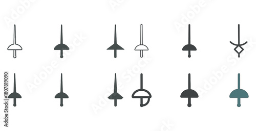 Various fencing sword icons set in black and teal color on white background