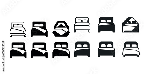 Set of twelve bed icon variations in different styles