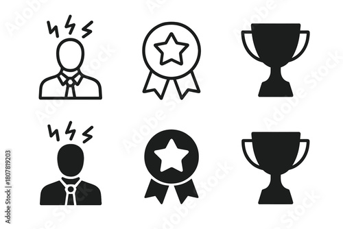 Workplace Support Icons. Handling workplace stress and managerial support. Icon set. Set Logo of Encouragement Badge: Star or trophy for support. Abstract