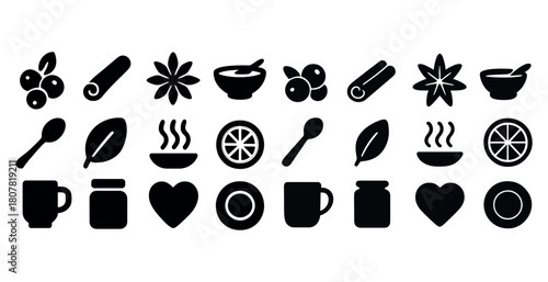 Set of tea and spice icons including herbs, cups, and fruits