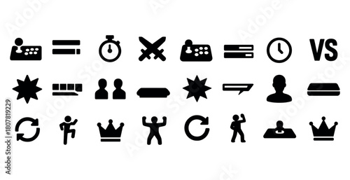 Gaming icons set: controller, timer, vs, crown, player silhouettes, actions