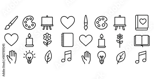 Minimalist art icons set featuring paintbrush, palette, and easel line drawings