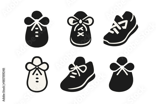 Shoe Lace Icons. shoe lace. Icon set. Set Logo of shoe lace: tied bow on running shoe. harmonious logo variations of the same emblematic concept, each with