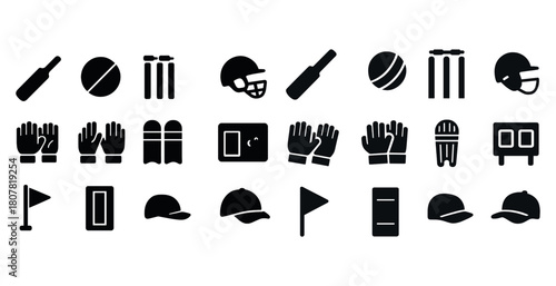 Cricket and baseball equipment icons set in black silhouette style