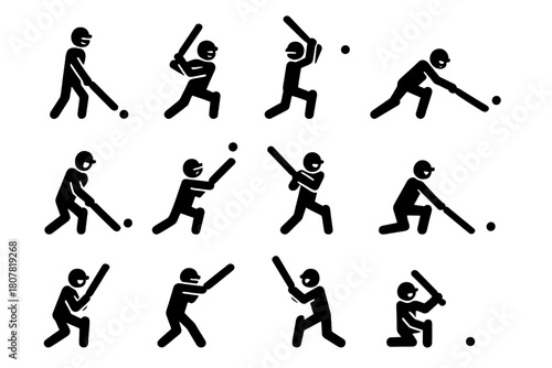 Cricket Batting Icons. Batting. Solid icon set of Batting: straight drive, cover drive, pull shot, cut shot, sweep shot, reverse sweep, lofted shot, defensive