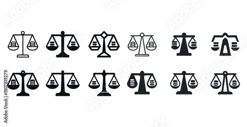 Set of scales icons: balance symbol variations in black and white