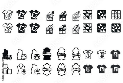 Seamstress tools icon set: cutting, measuring, sewing patterns and dressmaking symbols