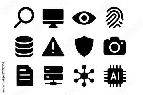 Digital Forensics Icons. Digital forensics. Solid icon set of Digital forensics: magnifying glass, computer, eye, fingerprint, database, alert, shield, camera,
