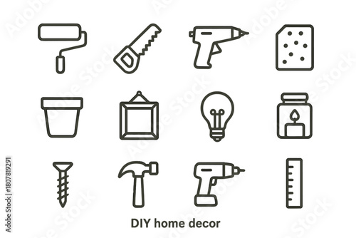 DIY Icon Set. DIY home decor. Line icon set of DIY home decor: paint roller, small saw, glue gun, sandpaper, plant pot, hanging frame, light bulb, candle jar,
