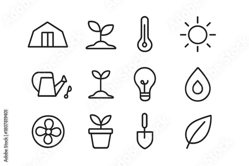 Greenhouse Icon Set. Greenhouse farming. Line icon set of greenhouse farming: greenhouse, plant, thermometer, sun, watering can, seedling, light bulb, humidity