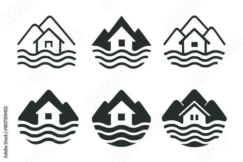 Flooded Valley Logos. Flooded valley. Icon set. Set Logo of flooded valley: house surrounded by rising water. harmonious logo variations of the same emblematic