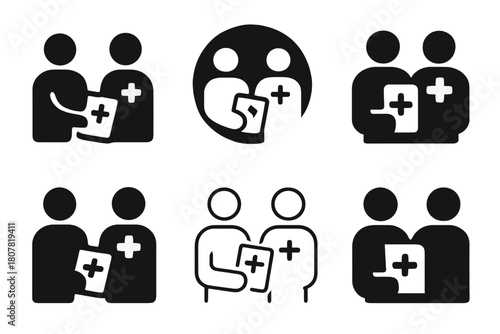 Doctor Visit Icons. Taking a friend to the doctor. Icon set. Set Logo of Taking a friend to the doctor: Prescription handoff. harmonious logo variations of the