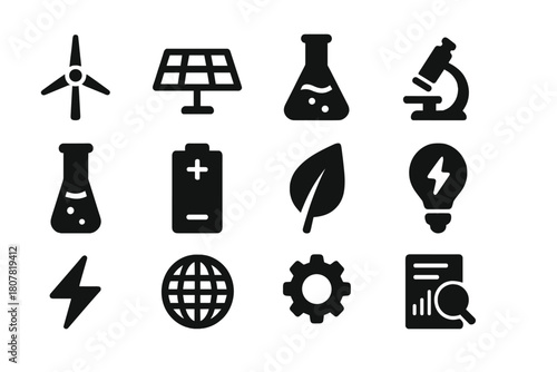Green Energy Lab Icons. Green energy lab. Solid icon set of Green energy lab: wind turbine, solar panel, lab flask, microscope, test tube, battery, leaf,