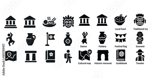 Cultural landmark icons: architecture, cuisine, artifacts, travel, festivals