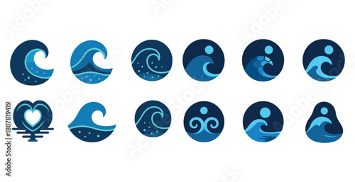 Collection of ocean wave and surfer icons in various artistic styles