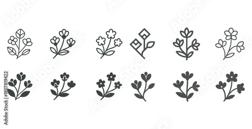 Minimalist floral icons set in black and white design