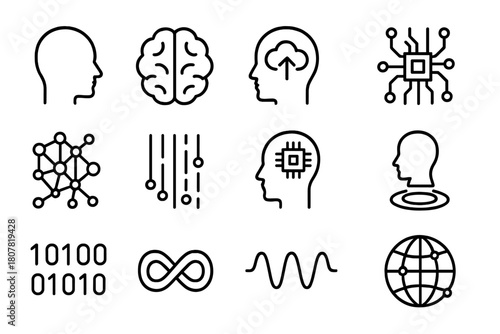 Mind-Uploading Icon Set. Mind-uploading and consciousness. Line icon set of mind-uploading and consciousness: human head silhouette, brain, neural network,