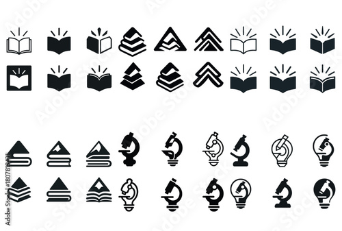 Collection of educational and scientific icons including books and microscopes
