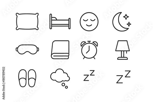 Sleep Icon Set. Sleep and Rest. Line icon set of Sleep and Rest: pillow, bed, sleeping face, moon, stars, eye mask, blanket, clock, night lamp, slippers, dream