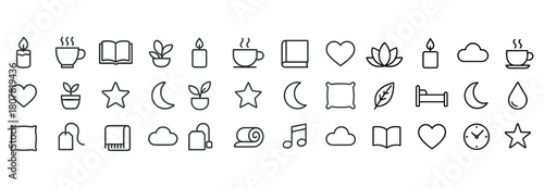 Minimalistic line icons: plants, books, coffee, stars, and more