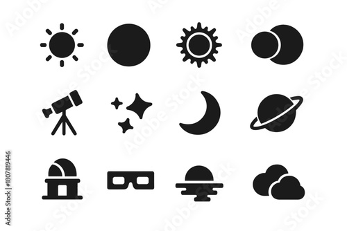 Eclipse Icon Set. Eclipse. Solid icon set of Eclipse: sun, moon, solar corona, shadow, telescope, stars, crescent moon, planet, observatory, eclipse glasses,
