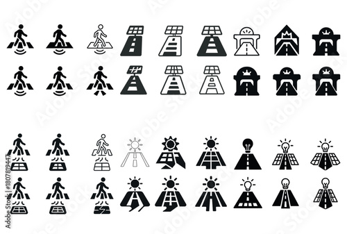 Set of iconic symbols for pedestrian crossings and solar roads
