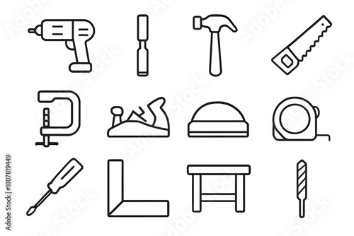 Woodworking Tool Icons. Woodworking. Solid icon set of woodworking: saw, hammer, chisel, plank, nails, screwdriver, drill, measuring tape, clamp, gear,