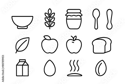 Wholesome Food Icons. Wholesome food. Line icon set of wholesome food: bowl, grain, honey jar, spoon, leaf, heart, apple, bread, milk, egg, steam, seed. All