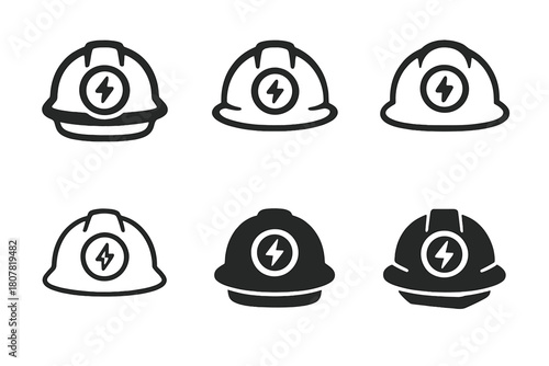Efficient Mining Energy Icons. Efficient energy use in mining industries. Icon set. Set Logo of efficient energy use in mining industries: helmet lamp glowing