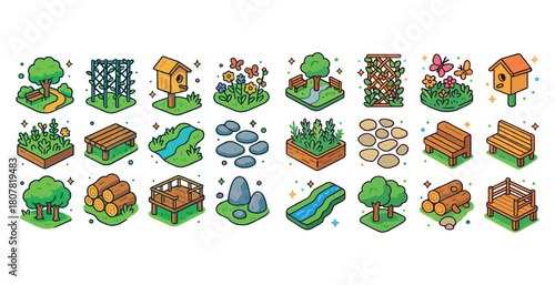 Charming garden elements collection: birdhouses, benches, and pathways in cartoon style