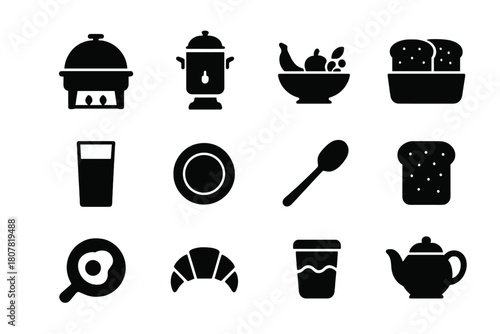 Hotel Buffet Icons. Hotel buffet. Solid icon set of hotel buffet: chafing dish, coffee urn, fruit bowl, bread basket, juice glass, plate, serving spoon, toast,