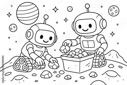 Asteroid Robots Coloring Fun. Space mining robots children?s coloring book illustration, outlined drawing, two smiling helper robots gently collecting rocks