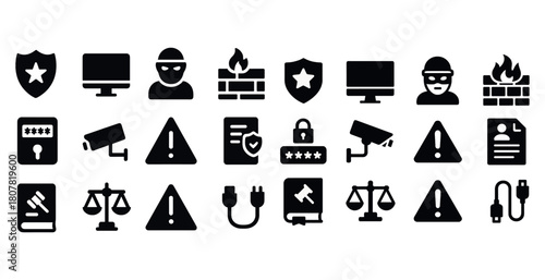 Cybersecurity icons: firewall, hacker, surveillance, alert, legal