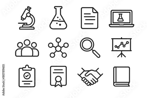 Scientific Collaboration Icons. Scientific collaboration. Line icon set of Scientific collaboration: microscope, laboratory flask, research paper, laptop,