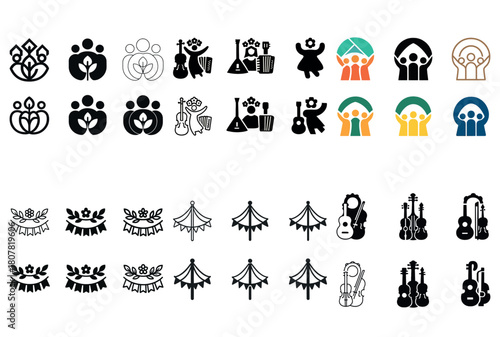 Abstract musical instruments and human figures in various artistic styles