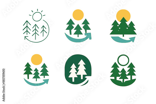 Forest Ecosystem Logos. forest ecosystem. Icon set. Set Logo of forest ecosystem: sun and water cycle over forest. harmonious logo variations of the same